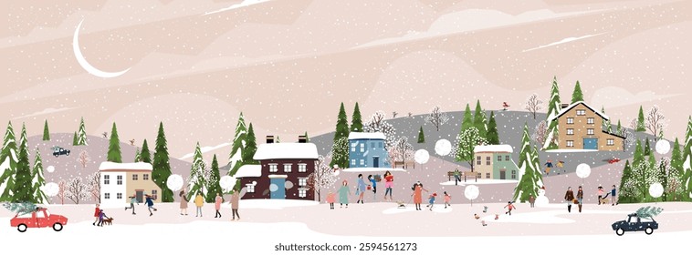 Christmas Background,Winter Village landscape sky,cloud with snow falling,people in city park celebrating on New Year,Vector Xmas horizon banner nature winter wonderland forest tree