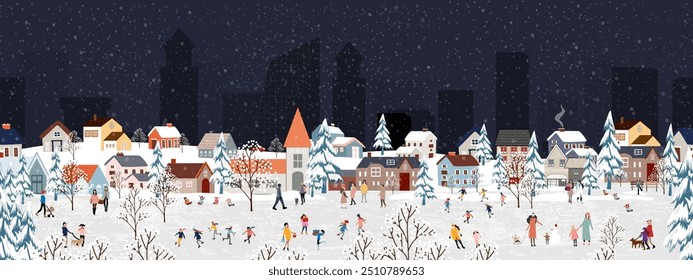 Christmas background,Winter Village landscape with snow,People Celebrating on xmas in city park,Seamless pattern Cute cartoon Winter wonderland with snowman,tree,house for New Year 2025 banner