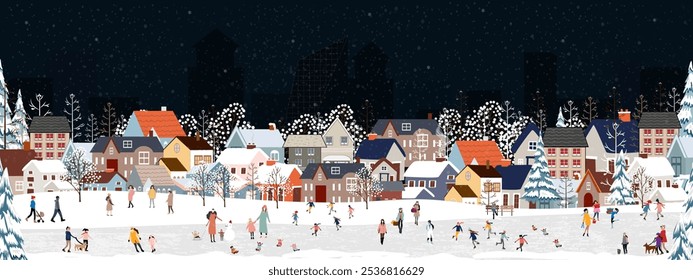 Fondo de Navidades, Paisaje de aldea de invierno con nieve, Personas Celebrando en Navidad en el parque de la ciudad, Patrón sin fisuras Lindo dibujo animado País de las maravillas de invierno con muñeco de nieve, árbol, casa para el Nuevo año 2025 Anuncio