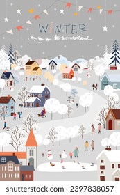 Fondo de Navidad, paisaje maravilloso del invierno con celebración de la gente y niños divirtiéndose en el parque de la ciudad, ilustración vectorial Aldea de dibujos animados Cute para tarjeta de saludo o pancarta para Navidad o Año Nuevo 2024