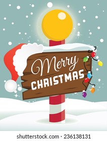 Christmas background-Wooden  sign on North pole wit santa hat and light bulbs