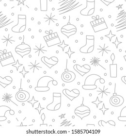 christmas bacrground, seamless pattern with christmas hand drawn doodle elements for wrapping paper, vector white and black holiday wallpaper