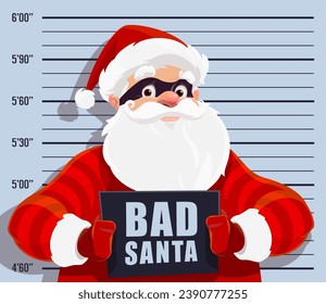 Christmas bad Santa criminal with mugshot. Cartoon vector disheveled and defiant Noel personage in black mask, captured in police department, embodying mischief and rebellion during the holiday season