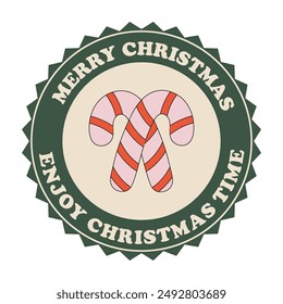 Christmas badge with candy cane. Round label in retro style. Merry Christmas round sticker in retro groovy style for gift packaging for family, friends. Winter holiday greetings, enjoy Christmas time.