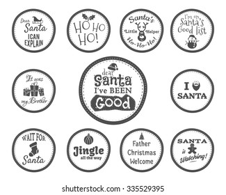 Christmas Badge and Design Elements with funny signs, quotes for kids. Monochrome New Year labels, holiday elements collection isolated on white background. Vector illustration