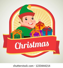 christmas badge with elf gift present box