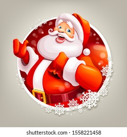 Christmas badge with happy Santa Claus. Holiday greeting card. Vector illustration. For Christmas cards, banners, tags and labels.