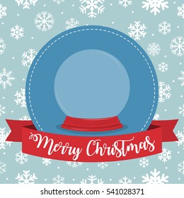 Christmas badge with snow globe and ribbon on a snowflakes background