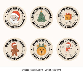 Christmas badges, gift tags, labels. Merry Christmas round stickers with winter holiday elements in retro groovy style for gift packaging. Stickers collection with Christmas tree, Santa, Gingerbread.