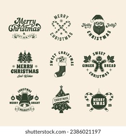 insignias de Navidad, etiquetas establecidas. 9 etiquetas, insignias, emblemas relacionados con la Navidad. Emblema de Navidad, plantillas de afiches. Ilustración del vector