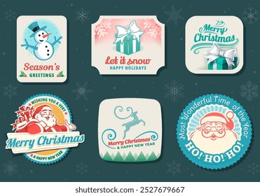 Christmas badges, labels set, retro vector design elements with Santa Claus, gift, reindeer, present, snowman, snowflake. Vintage style greeting card, background, banner. Grouped, layered.