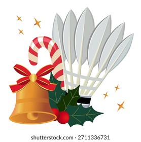 Navidades de bádminton con ramas de pino, acebo, cinta y detalles brillantes. Ideal para tarjetas de vacaciones, gráficos de temática deportiva e ilustraciones de invierno.