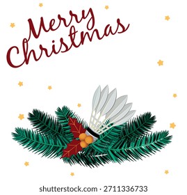 Christmas badminton shuttlecock composition with pine branches, holly, ribbon and sparkling accents. Ideal for holiday cards, sport-themed graphics and winter illustrations.