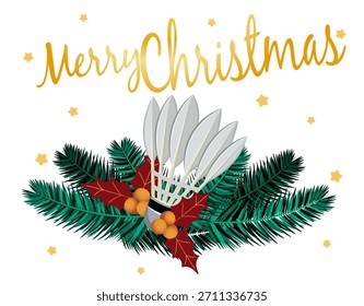 Christmas badminton shuttlecock composition with pine branches, holly, ribbon and sparkling accents. Ideal for holiday cards, sport-themed graphics and winter illustrations.