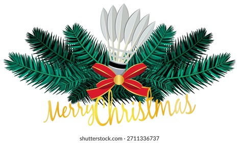Christmas badminton shuttlecock composition with pine branches, holly, ribbon and sparkling accents. Ideal for holiday cards, sport-themed graphics and winter illustrations.