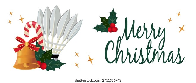 Christmas badminton shuttlecock composition with pine branches, holly, ribbon and sparkling accents. Ideal for holiday cards, sport-themed graphics and winter illustrations.