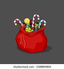 Christmas bag with candies. Santa's bagful with caramel and lollipop. Red sack in cartoon style. Vector illustration