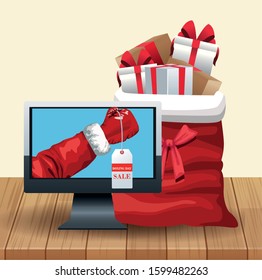 Christmas bag with gift boxes and computer with hand holding a tag, colorful design, vector illustration