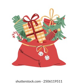 Christmas bag with gifts on isolated background. Santa Claus's open red sack full of gifts. Isolated on white vector cartoon illustration