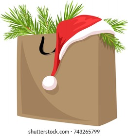 Christmas bag with gifts and a Santa Claus hat
