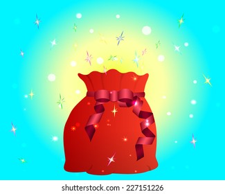 Christmas bag with gifts tied with satin ribbon on a sparkling star background 