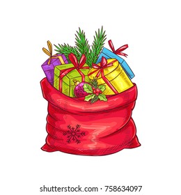 Christmas bag with gifts, christmas tree and holly. Vector illustration in sketch style.