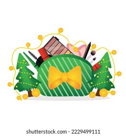 Christmas bag with makeup cosmetics and decor on white backgroun