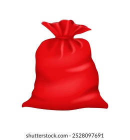 Christmas bag Santa Claus accessory realistic 3D icon. Vector illustration of red winter sack with presents, winter holidays festive package with surprises gift boxes