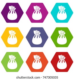 Christmas bag of Santa Claus icon set many color hexahedron isolated on white vector illustration