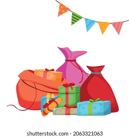 Christmas bags with boxes of gifts next to them. Vector illustration