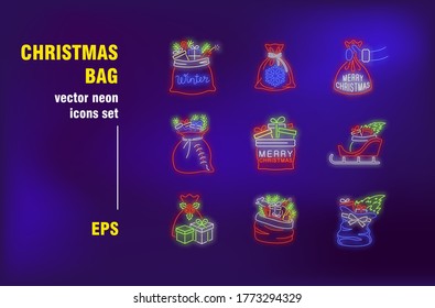 Christmas bags neon signs set. Santa Claus sack with gifts and Xmas tree on sleigh. Night bright advertising. Vector illustration in neon style for festive banners, posters, invitation cards design