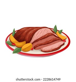 Christmas baked pork on plate vector illustration. Cartoon isolated pork meat cut into slices with roasted crispy potato wedges, roast dish eating on traditional dinner for Christmas celebration