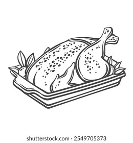 Navidades de pavo al horno en la Ilustración vectorial de contorno de bandeja. Pollo, pato o ganso dibujado a mano asado con corteza y verduras, grabado frito o asado pájaro para Navidades cena familiar tradicional