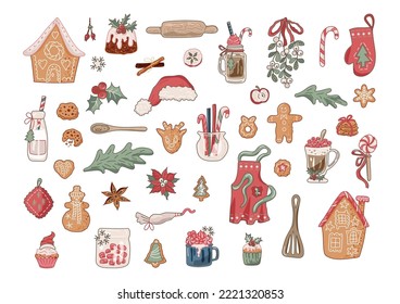 Christmas bakery, hot drinks and gingerbread cookies set. Vector collection.