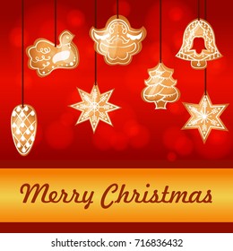 Christmas bakery on the red background: bird, star, pinecone, tree, bell, angel. Merry christmas holiday decoration. Set of realistic gingerbread christmas cookies. Vector illustration. EPS 10.