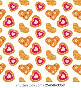 Christmas Bakery Seamless Pattern.Heart Cookies biscuit. Holiday Background on white. Vector illustration