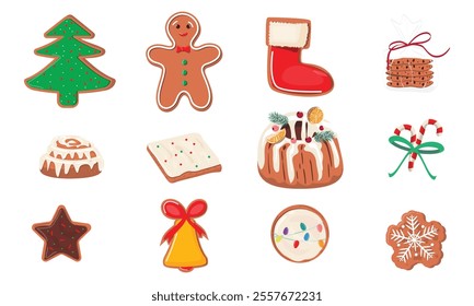 Christmas baking. Christmas collection of gingerbread cookies, cakes, and sweets decorated with festive sprinkles and snowflakes