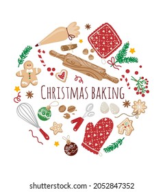 Christmas baking elements concept in circle composition. Vector illustration on white background with kitchen utensils,rolling pin,cookies,eggs. Flat design.