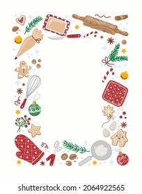 Christmas baking elements concept in vertical composition. Vector illustration on white background with kitchen utensils,rolling pin,cookies,eggs. Flat design.