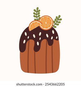 Christmas baking. Festive cupcake with chocolate icing, almond petals and oranges. Vector illustration of homemade baking for the holidays, hand drawn on a white background