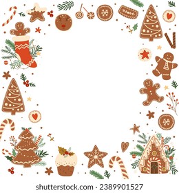 Christmas baking frame with gingerbread house, dessert, pudding, fir tree, candy cane. Vector tasty winter baked cookies in glaze. Greeting card, banner, poster. Hand drawn pastry food illustration.