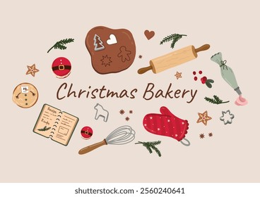 Christmas baking with gingerbread dough, cookies, baking tools, and decorations. A warm, cozy scene that captures the holiday spirit and the joy of holiday baking.