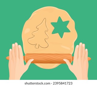 Christmas baking. Hands making dough for gingerbread with rolling-pin. Cooking homemade cookies. Vector cartoon illustration.
