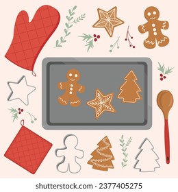 Christmas baking illustration set. Holiday vector elements including gingerbread biscuits, cookie cutters, baking tray, oven mitts and spoon.