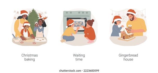 Christmas Baking Isolated Cartoon Vector Illustration Set. Family Baking Cookies, Xmas Holiday Celebration, Children Looking Into The Oven, Waiting Time, Making Gingerbread House Vector Cartoon.