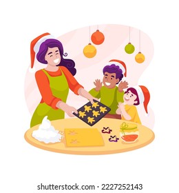 Christmas baking isolated cartoon vector illustration. Happy mother with smiling kids baking cookies for xmas holiday celebration, Christmas time with family, festive days vector cartoon.