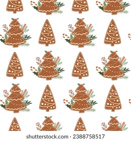 Christmas baking pattern with gingerbread Christmas tree cookies, candy cane. Sweet winter holidays dessert repeat background. Tasty vector illustration for wrapping paper, wallpaper, package design.