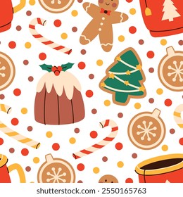 Padrão de cozimento de Natal sem costura. Design repetitivo festivo para embrulhar papel, tecido, têxteis e cartões de férias.