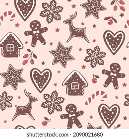 Christmas baking seamless pattern with Gingerbread man, cute houses, and sweet cookies. Perfect for wrapping paper and scrapbook craft.