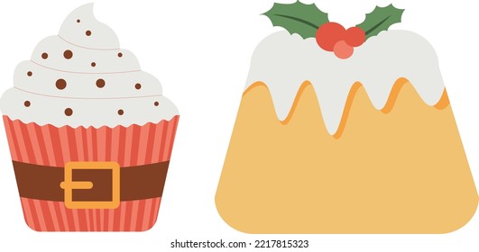 Christmas baking, Set of festive cupcake and pastry. Vector illustration. Sweet food for holidays. Christmas and New Year